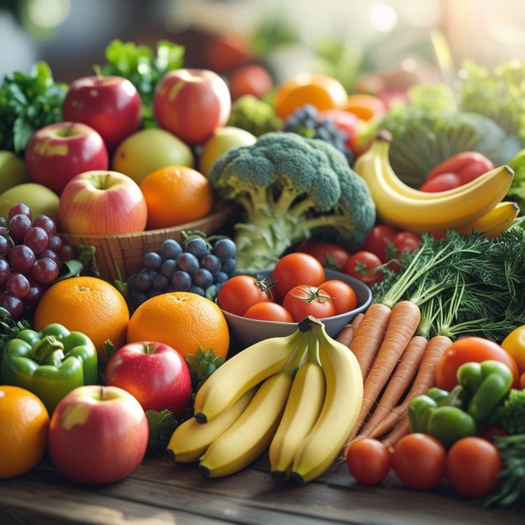 Colorful assortment of fresh vegetables, grains, and legumes arranged on a wooden table