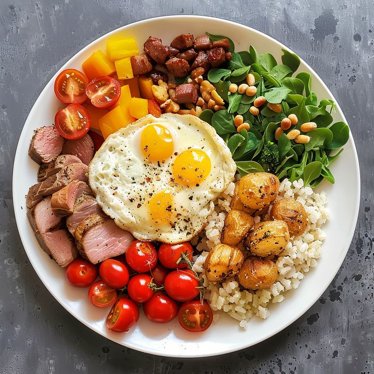 Balanced meal layout showing protein, whole grains, and leafy vegetables on a ceramic plate